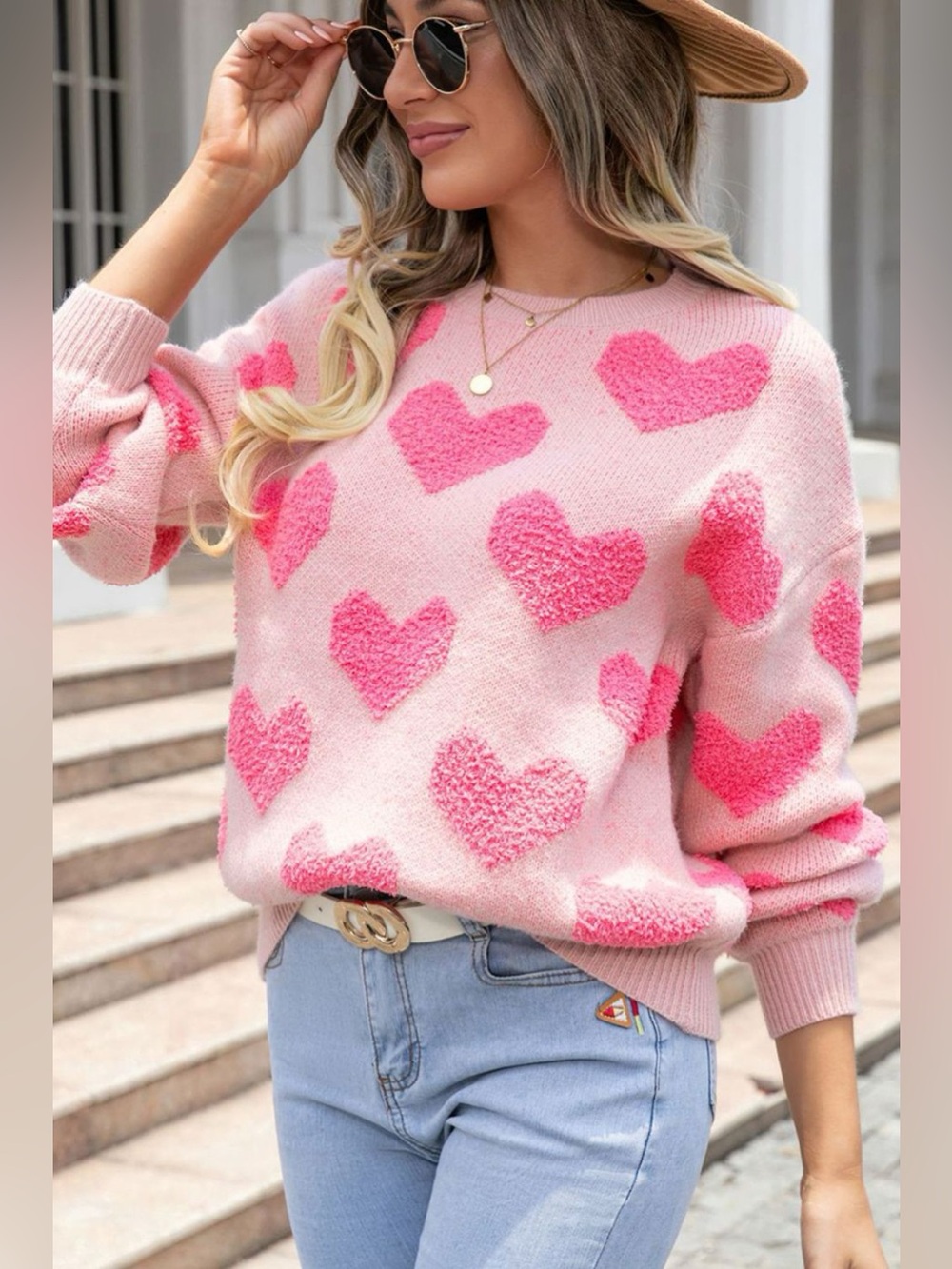 Valentine's Day Heart Jacquard Round Neck Sweater